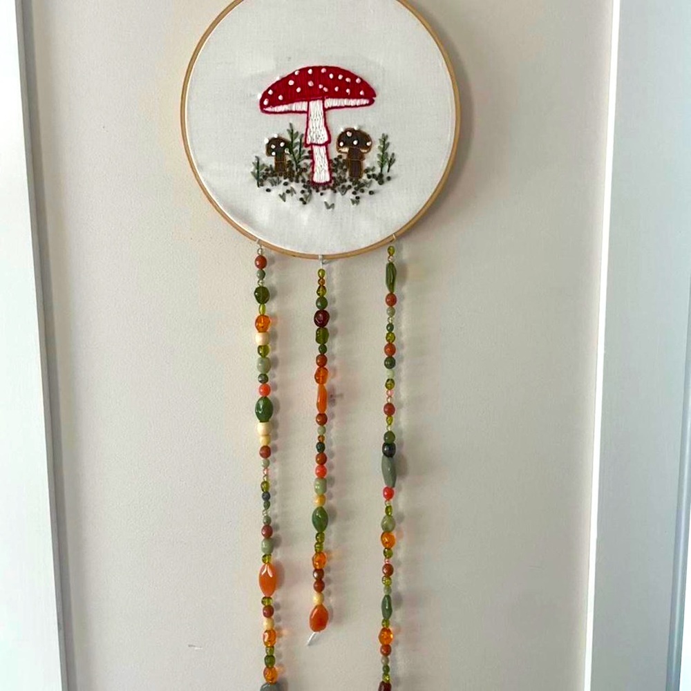 Handmade custom mushroom embroidery with dangling beads🍄
#mushroom
#embroidery